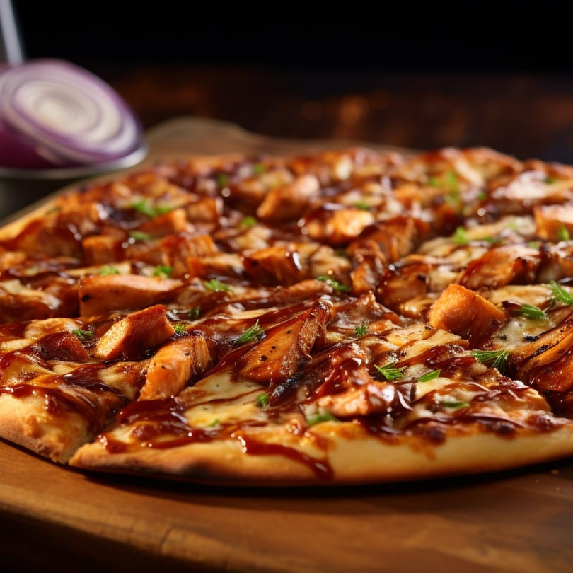 Close-up of a Bella Luna Pizza with BBQ chicken, melted cheese, and fresh herbs on a wooden board.