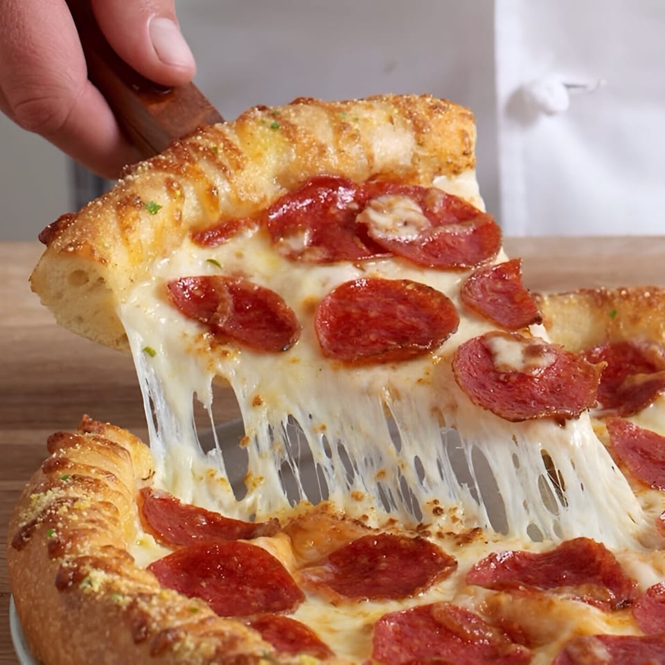 A hand lifts a slice of Bella Luna pepperoni pizza, with cheese stretching from the pie.