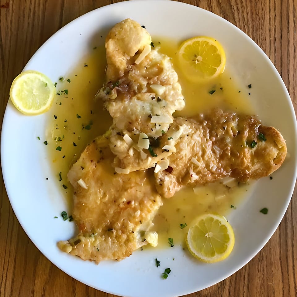 Chicken Francese with lemon slices and parsley in a white plate on a wooden table.