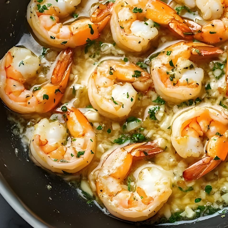 Close-up of shrimp scampi with garlic, butter, and parsley in a pan.
