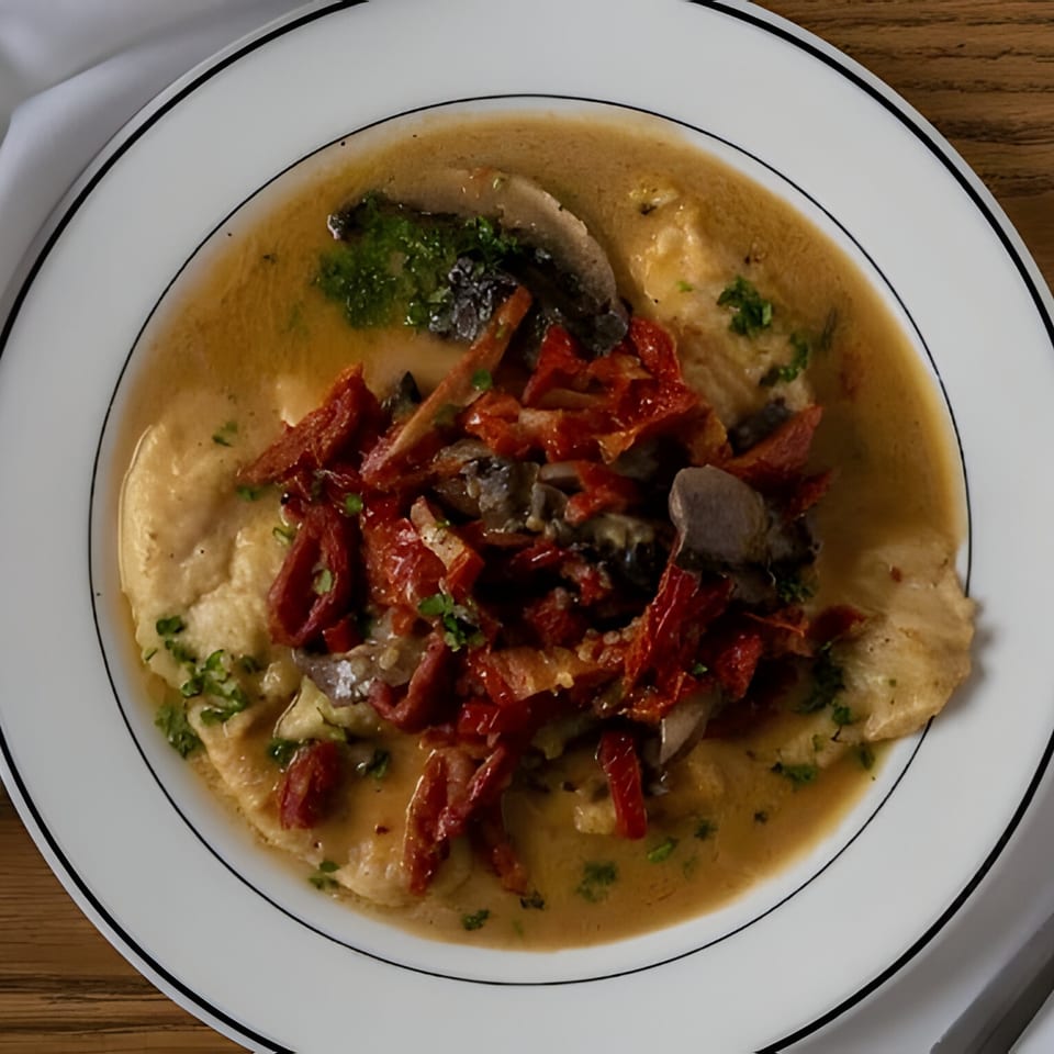 Chicken scaloppine with mushrooms, sun-dried tomatoes, and parsley in a rich sauce.