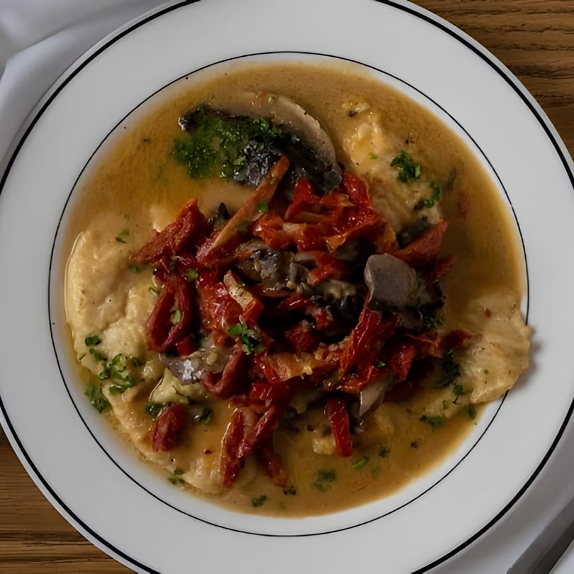 Chicken scaloppine with mushrooms, sun-dried tomatoes, and parsley in a rich sauce.
